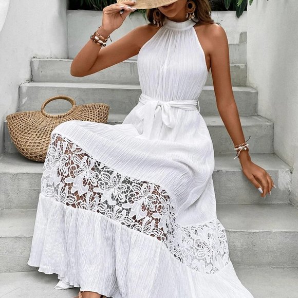 White Boho Womens Contrast Guipure Lace Layered Hem Belted Halter Dress - Picture 1 of 5